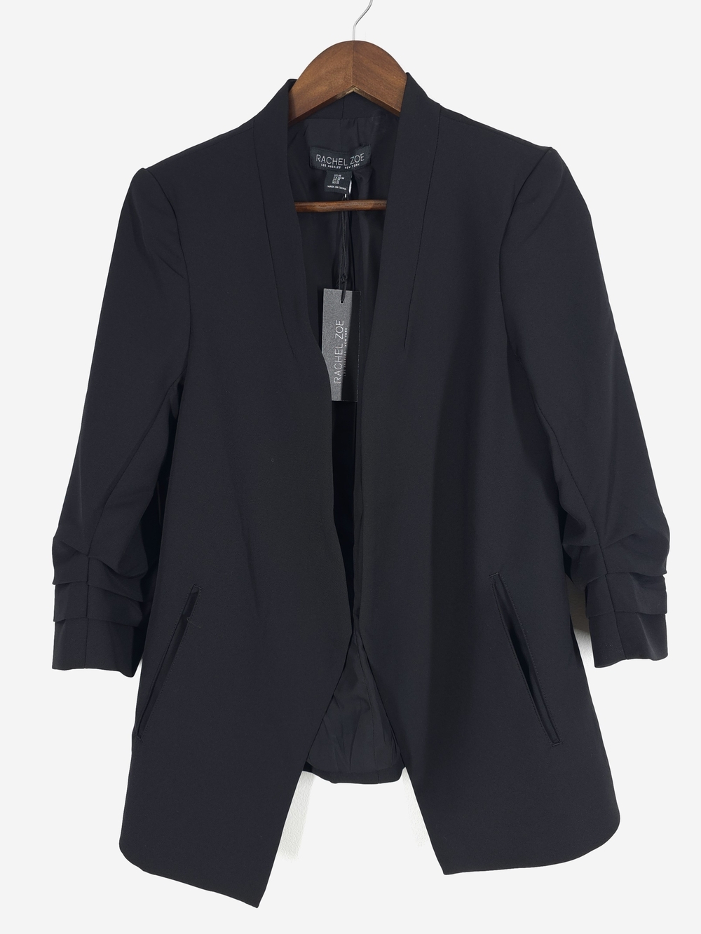 Rachel Zoe Black Ruched Sleeve Open Front Blazer Women’s M NWT